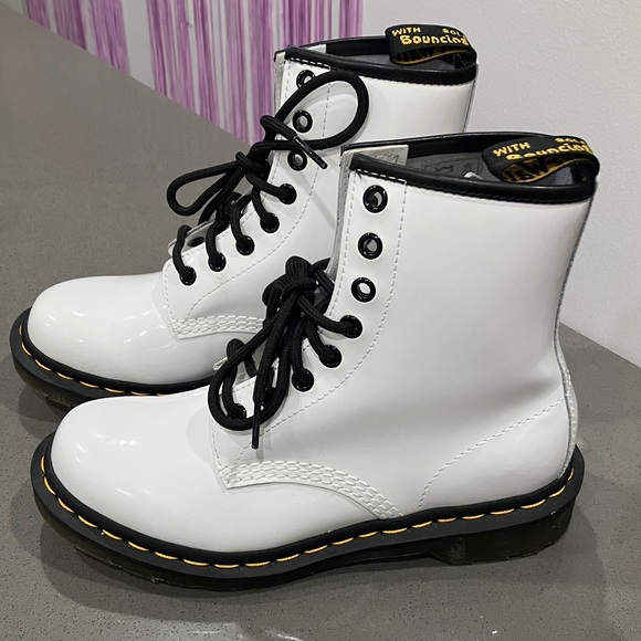 Dr. Martens Shoes - Dr. Martens White Patent Lace-Up Combat Boots with Black Laces **NEW NEVER WORN